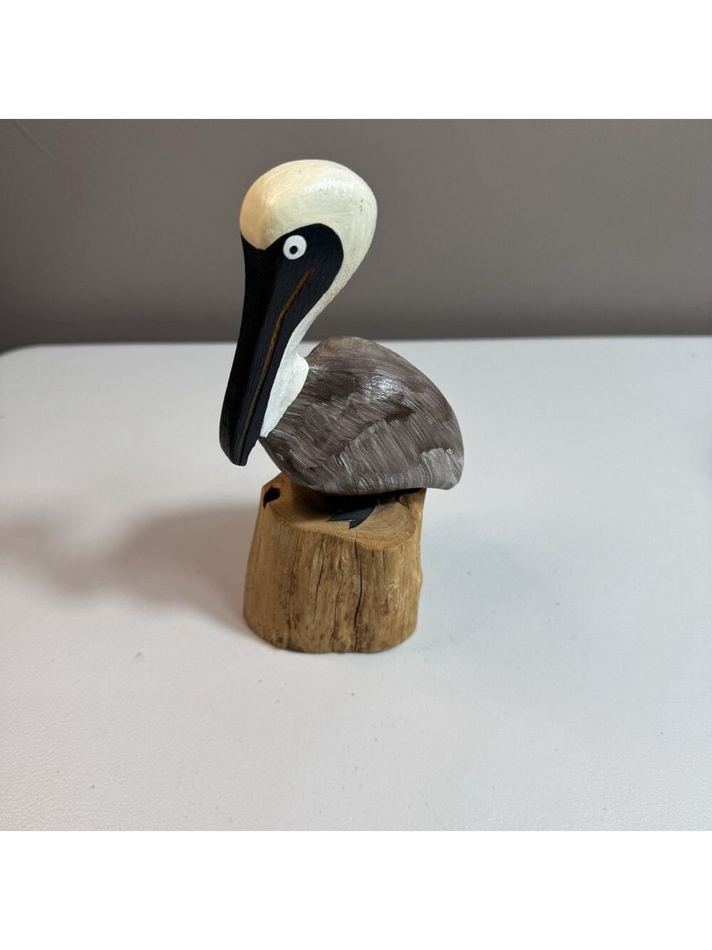 Hand Carved Wooden Pelican Figurine Driftwood Base Coastal Nautical Decor